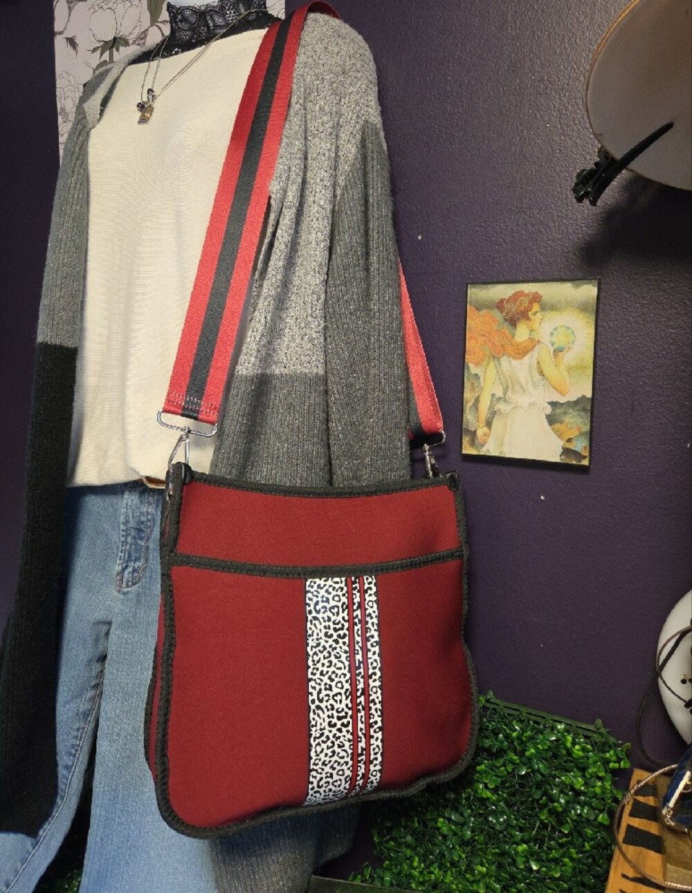 Red Crossbody Bag with Leopard Accent and Striped Strap- Soft foamy Feel